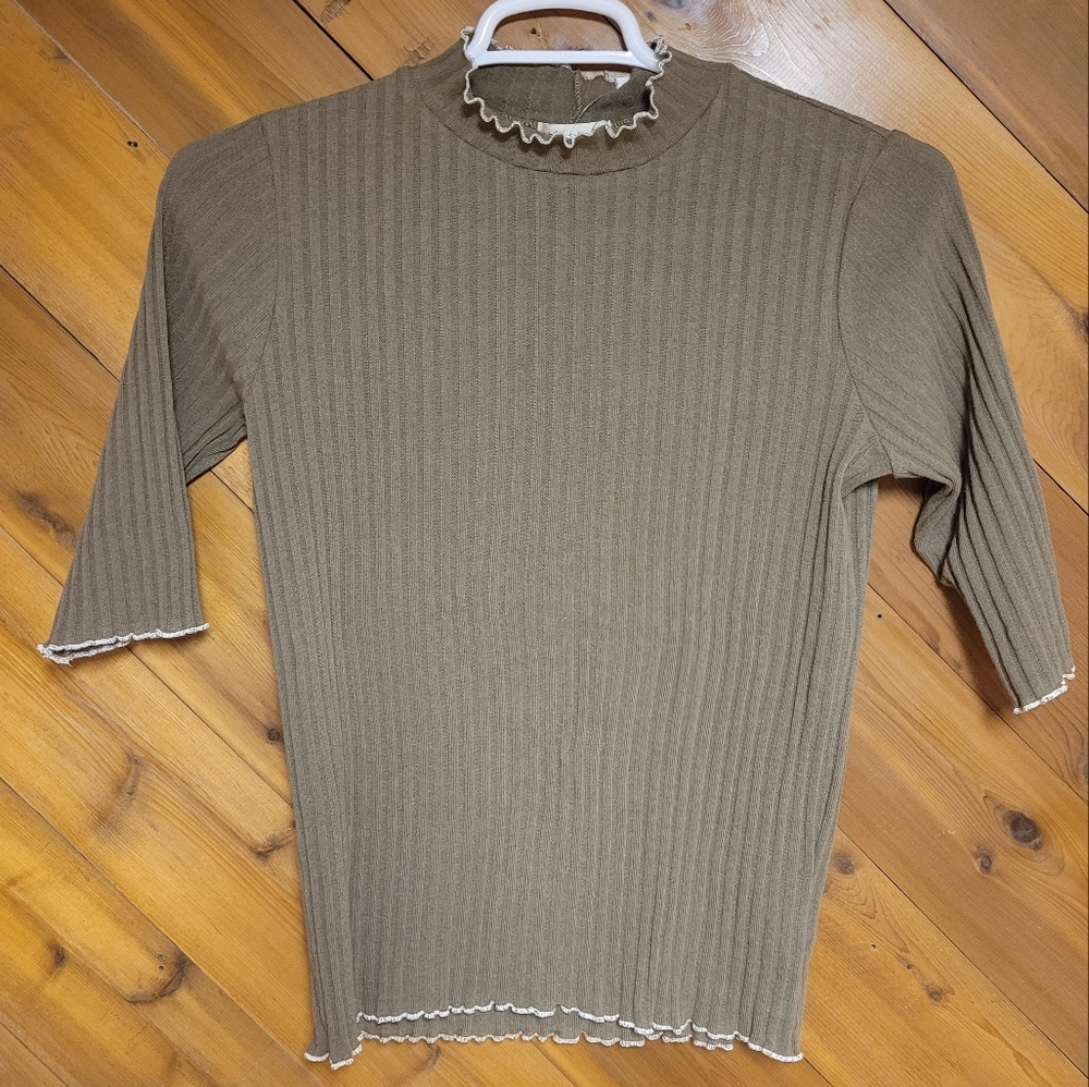 Turtleneck Ribbed Lettuce Edge Light Sweater.